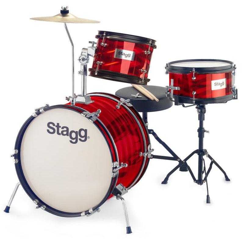 Stagg Complete Junior Drum Set with Stands, Pedal, Cymbal and Chair 8"/10"/16", Red