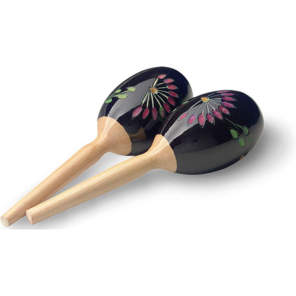 Stagg træ maracas, Blomster motiv, sort 19 cm
