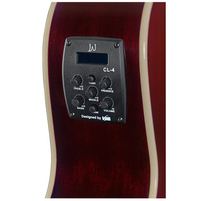 J.N Guitars BES-ACE TRB Transparent redburst auditorium guitar m/massiv gran dæk og B-Band Pick-Up