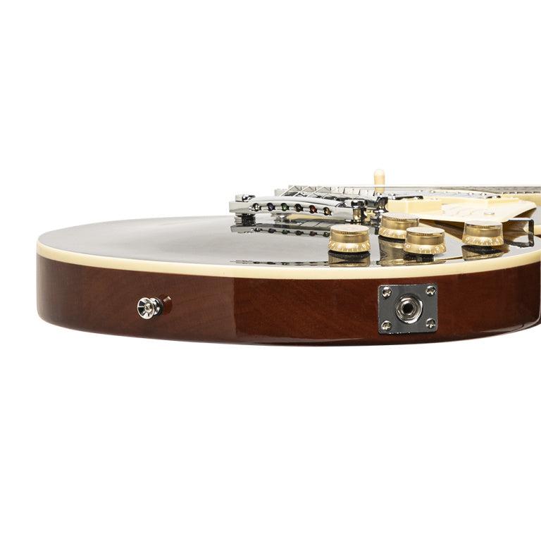 Stagg Deluxe-serien, massiv mahogni med AAA-flammet ahorntop, Transperant sort