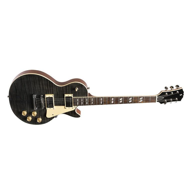 Stagg Deluxe-serien, massiv mahogni med AAA-flammet ahorntop, Transperant sort