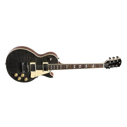 Stagg Deluxe-serien, massiv mahogni med AAA-flammet ahorntop, Transperant sort