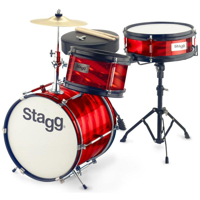 Stagg komplet junior trommesæt med stativer, pedal, bækken og stol, 8"/10"/12", rød